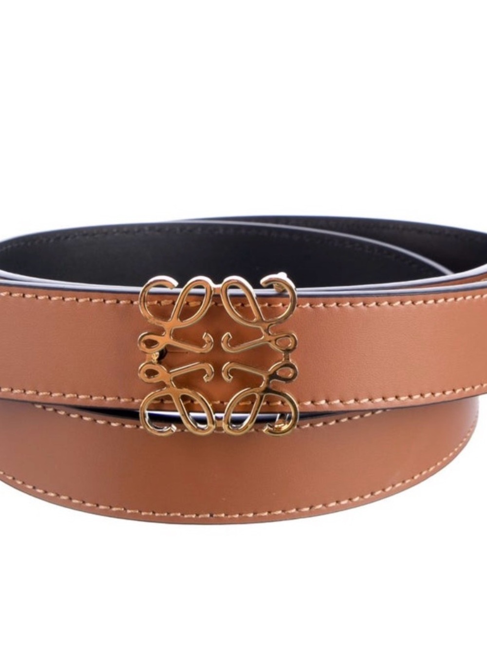 Loewe Tan / Black Leather Belt with Gold Anagram Buckle